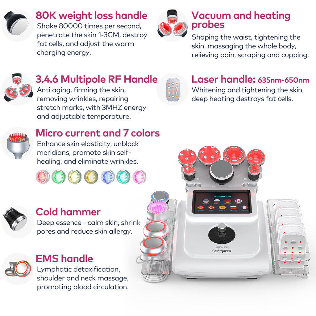 SQ154B Max 11-in-1 80K Ultrasonic Cavitation & RF Machine with Laser + Microcurrent Pads