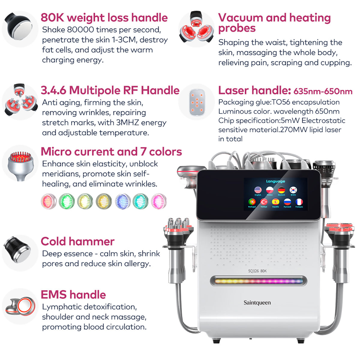 SQ126A Max 11-in-1 80K Ultrasonic Cavitation & RF Machine with Laser Pads