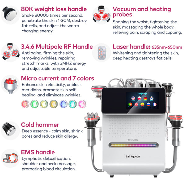 SQ126B Max 11-in-1 80K Ultrasonic Cavitation & RF Machine with Laser + Microcurrent Pads