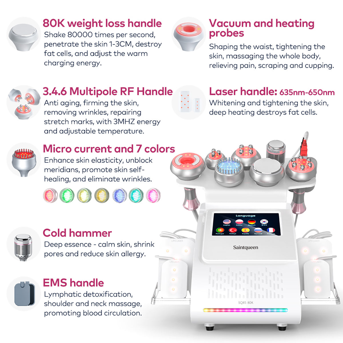 SQ85D Plus 9-in-1 80K Ultrasonic Cavitation & RF Machine with Laser Pads