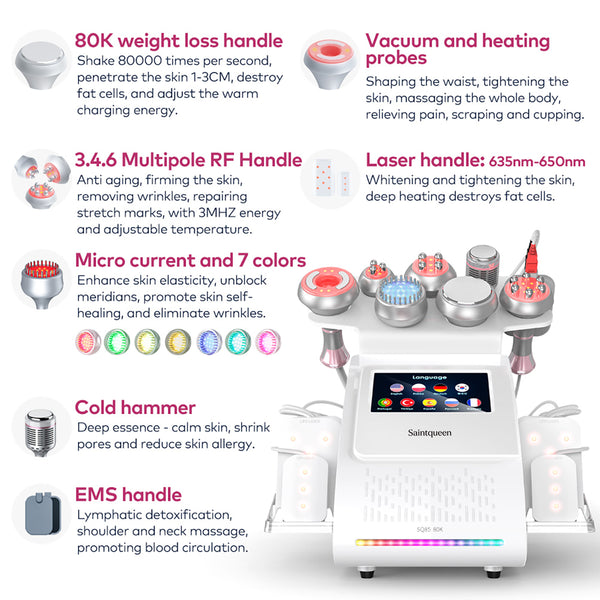 SQ85D Plus 9-in-1 80K Ultrasonic Cavitation & RF Machine with Laser Pads