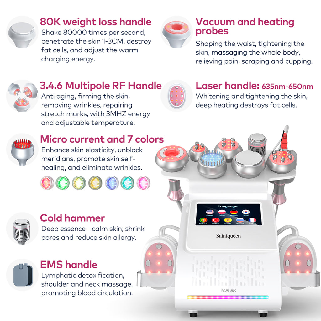 SQ85E Plus 9-in-1 80K Ultrasonic Cavitation & RF Machine with Laser + Microcurrent Pads