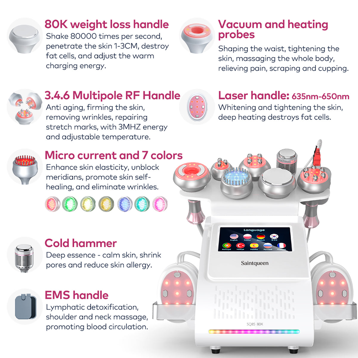 SQ85E Plus 9-in-1 80K Ultrasonic Cavitation & RF Machine with Laser + Microcurrent Pads
