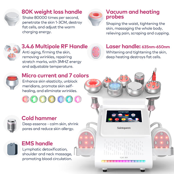 SQ85E Plus 9-in-1 80K Ultrasonic Cavitation & RF Machine with Laser + Microcurrent Pads