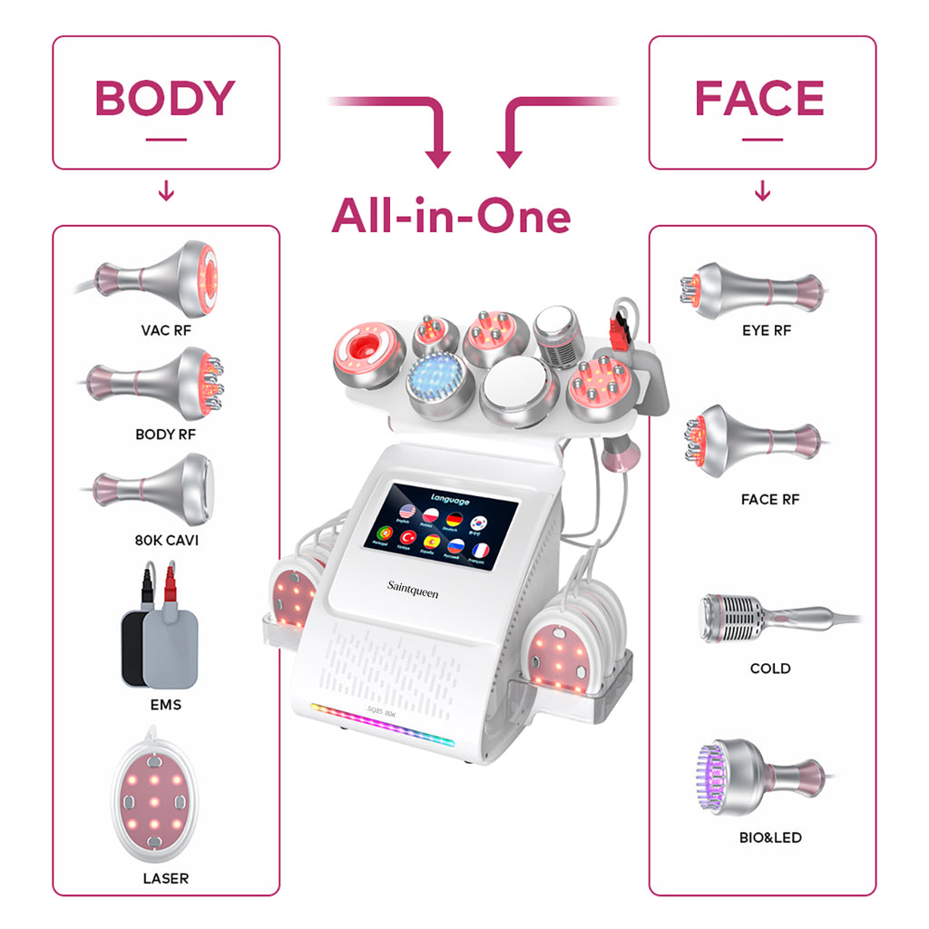 SQ85E Plus 9-in-1 80K Ultrasonic Cavitation & RF Machine with Laser + Microcurrent Pads
