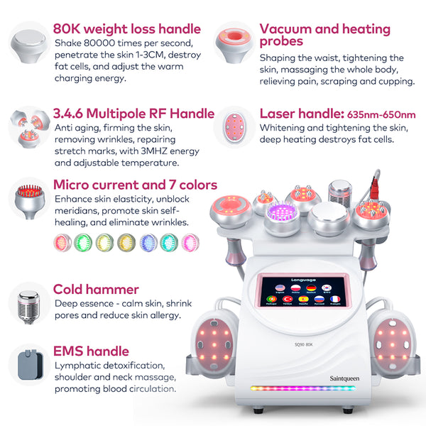 SQ90E Plus 9-in-1 80K Ultrasonic Cavitation & RF Machine with Laser + Microcurrent Pads