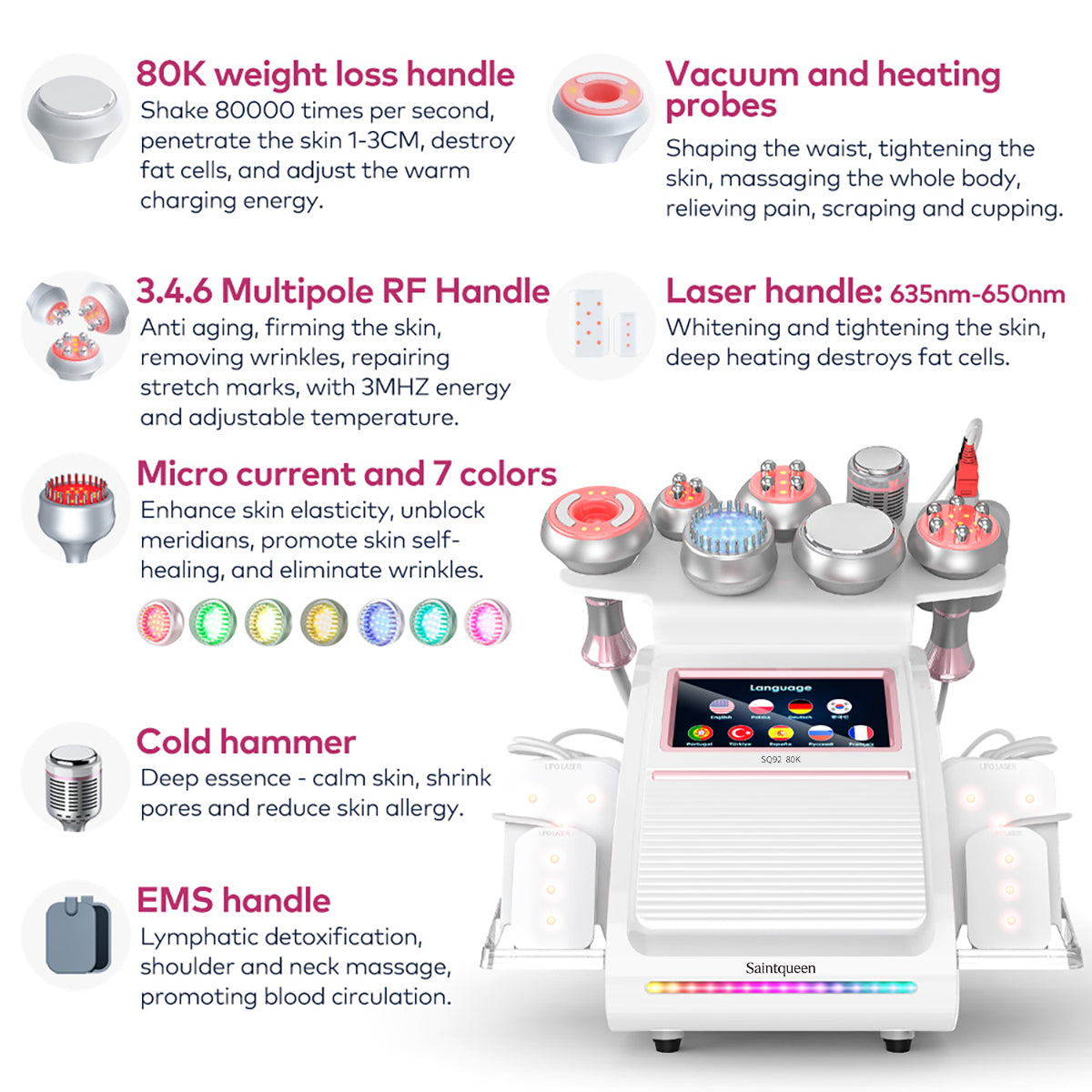 SQ92D Plus 9-in-1 80K Ultrasonic Cavitation & RF Machine with Laser Pads Secondary image