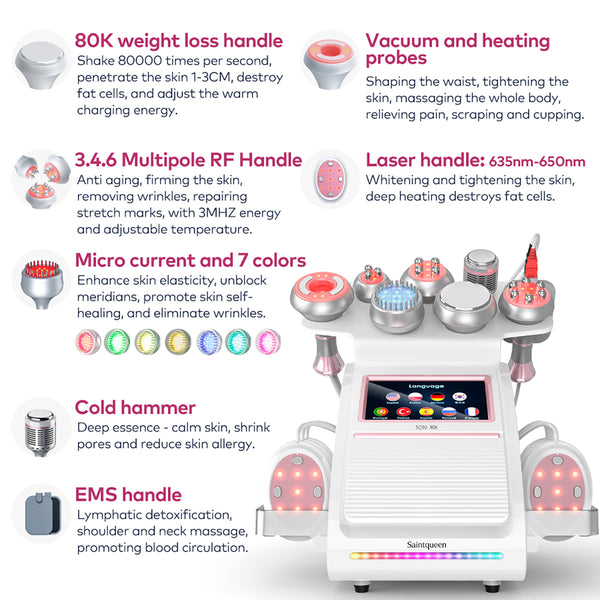 SQ92E Plus 9-in-1 80K Ultrasonic Cavitation & RF Machine with Laser + Microcurrent Pads