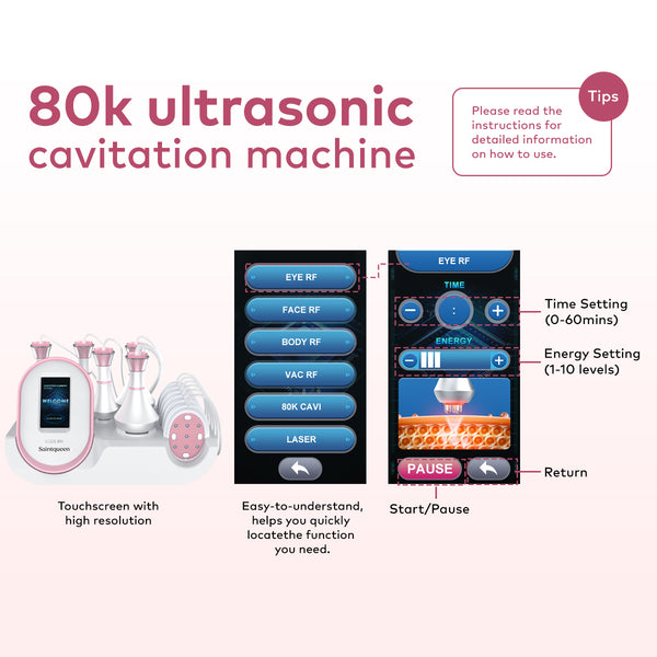 SQ121B Pro, 6in1 80K Cavitation Body Machine, RF Skin Tightening with Laser EMS Microcurrent Pad, Vacuum Negative Pressure Massage Body Contouring Shaping