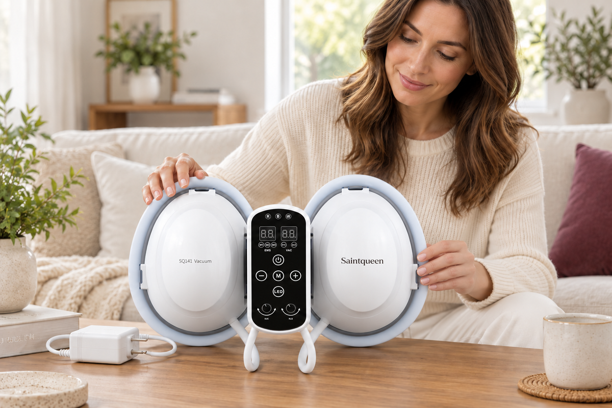 Woman preparing the SQ141 wearable breast enhancement care device at home