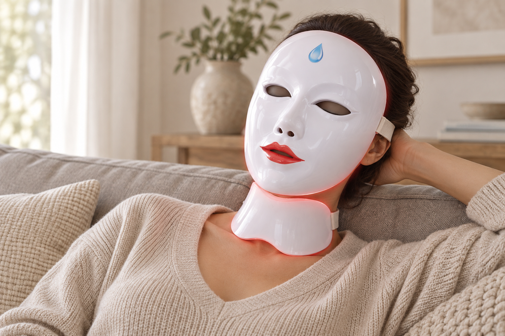 SQ50 LED mask worn during an at-home care routine
