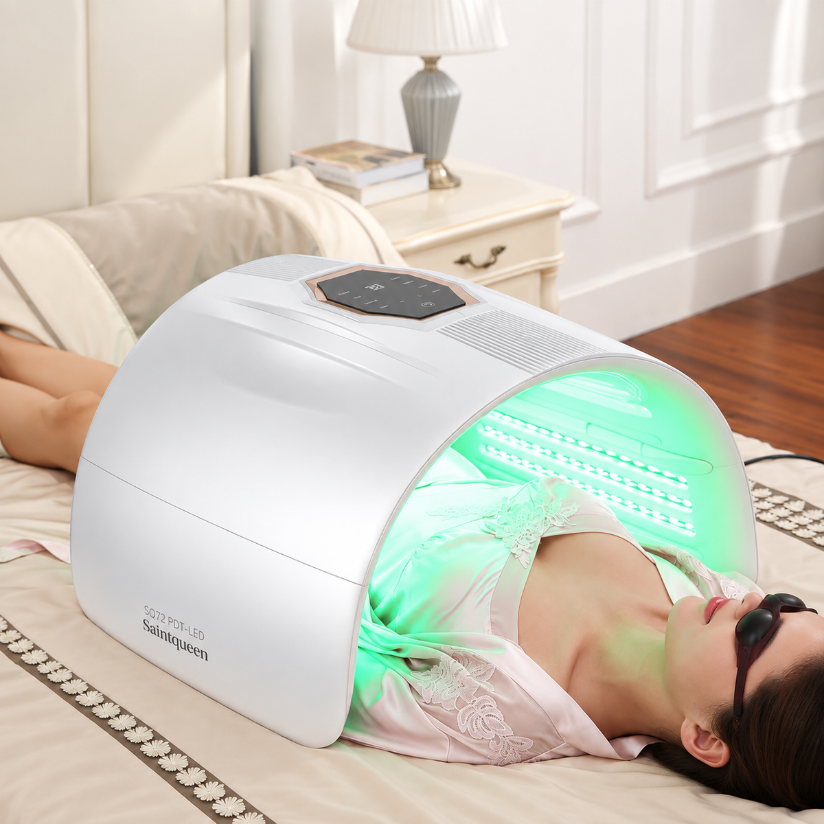 SQ72 fully unfolded during a green-light skincare session with protective goggles
